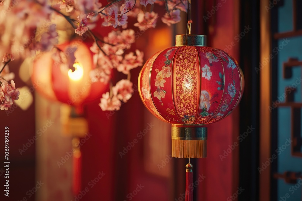 Happy Chinese new year 2024. Chinese new year banner for show product. Greeting card. China frame with lantern on red background. with generative ai Happy Chinese new year 2024. Chinese new year banner for show product. Greeting card. China frame with lantern on red background. with generative ai