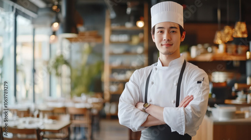 confident chef stands with arms crossed in modern restaurant, showcasing culinary expertise and professionalism. warm ambiance enhances inviting atmosphere