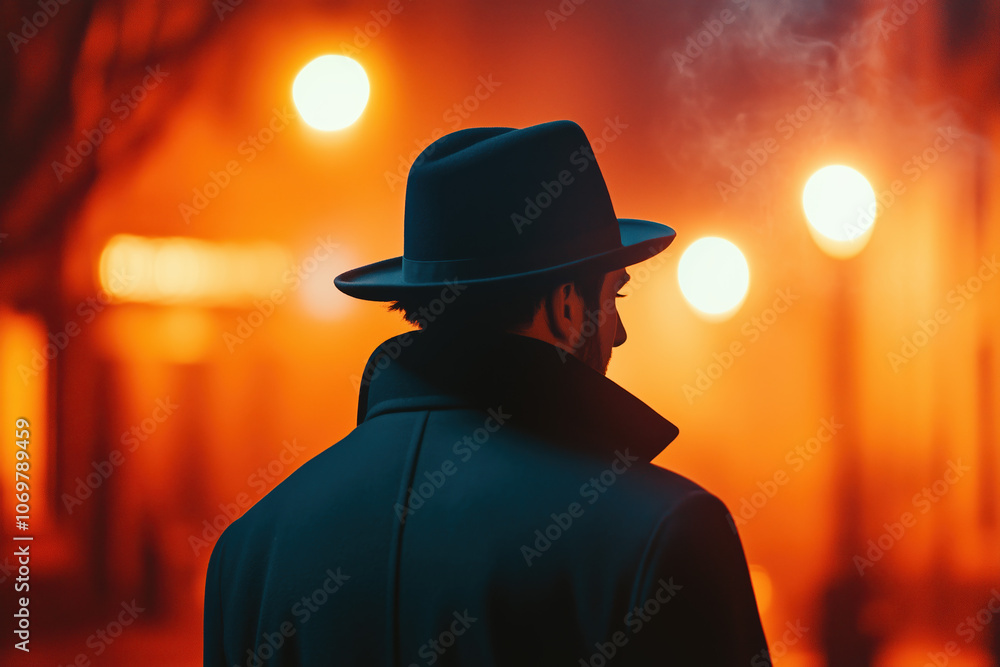 Foggy Noir Night with Detective in Trench Coat and Fedora Staring Down Dimly Lit Street, Dark Mystery and Intrigue Foggy Noir Night with Detective in Trench Coat and Fedora Staring Down Dimly Lit Street, Dark Mystery and Intrigue