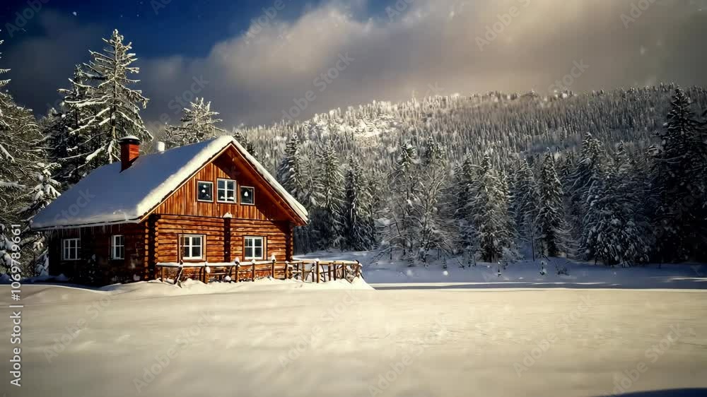 A cozy wooden cabin sits in a snowy forest, surrounded by tall pines and a clear blue sky A cozy wooden cabin sits in a snowy forest, surrounded by tall pines and a clear blue sky