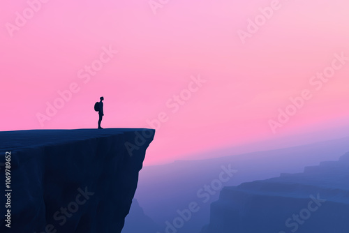 Backpacker in Awe of Majestic Canyon at Sunrise, Solitude and Tranquility in the Wilderness photo