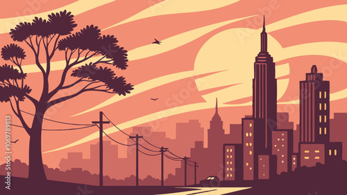  Urban skyline at dusk with vibrant colors