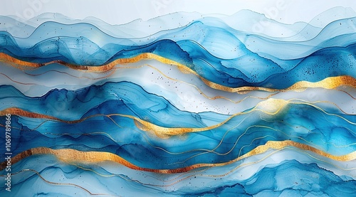 Wallpaper Mural Abstract blue wave with gold lines watercolor texture painting.  Torontodigital.ca