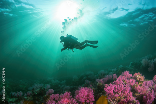 Diver Swimming in the Clear Ocean Water, Discovering a Vibrant Coral Reef with Colorful Fish and Sunbeams photo