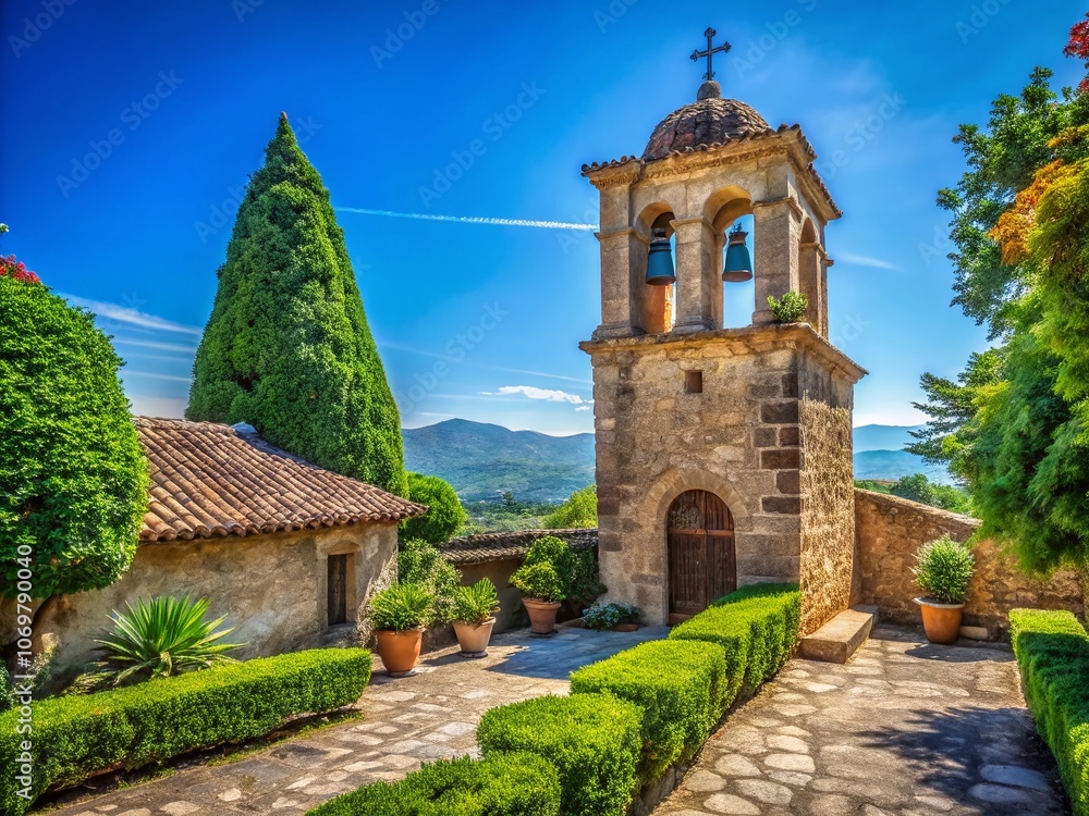 Fototapeta premium Stunning Bell Tower of a Historic Church Surrounded by Lush Greenery and Blue Skies, Perfect for Illustrating Architectural Beauty and Spiritual Significance in Stock Photography