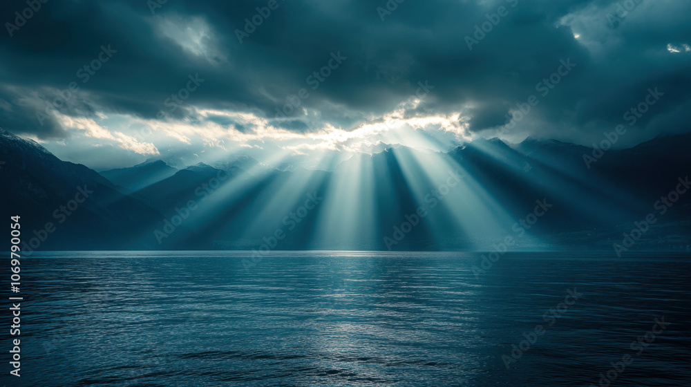 Majestic rays of sunlight pierce through dark clouds over tranquil lake, creating serene and dramatic atmosphere. interplay of light and shadow enhances beauty of landscape Majestic rays of sunlight pierce through dark clouds over tranquil lake, creating serene and dramatic atmosphere. interplay of light and shadow enhances beauty of landscape