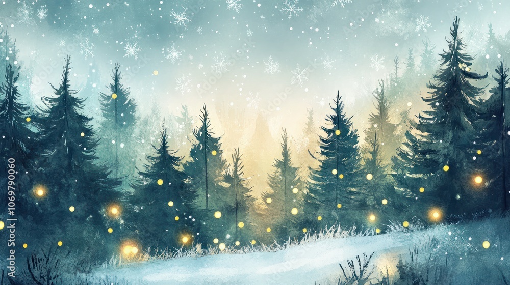 Obraz premium Magical forest with christmas trees and glowing lights christmas card style watercolor abstract artistic winter wonderland nature green woodland holiday background backdrop wallpaper with copy space.