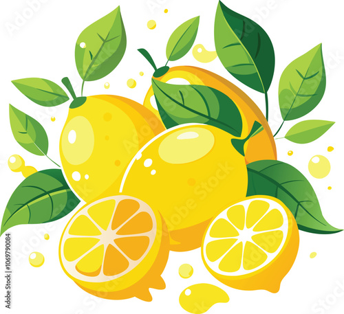 set of fresh delicious lemons splashing with leave