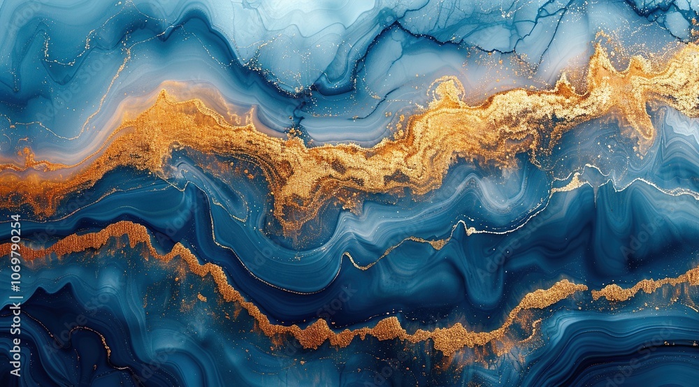 Blue, gold wavy marble ocean waves background. 