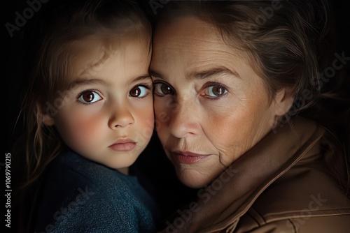 Generational Love: Little Girl Embracing Grandmother in Joyful Portrait on Black Background