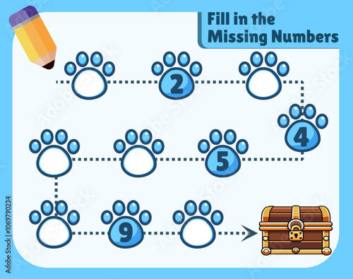 Fill in the Missing Numbers worksheet with paw prints and treasure chest for kids in flat vector design