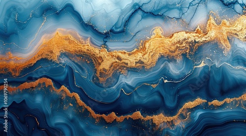 Blue, gold wavy marble ocean waves background. 