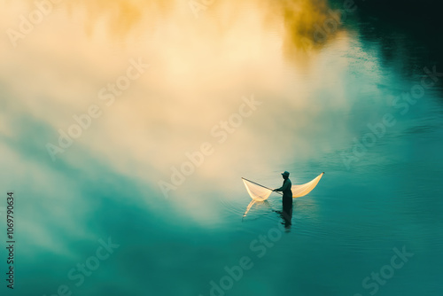 Early Morning Scene with Fisherman Casting Net on Calm River, Reflecting Trees at Dawn photo