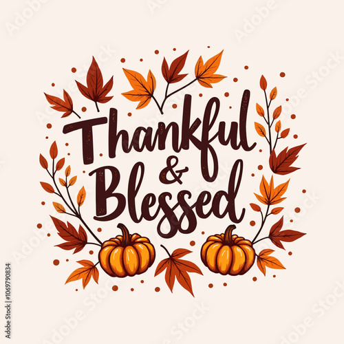 Thankful and blessed quote. Thanksgiving thankful grateful blessed typography clip art design on plain background for card, shirt, hoodie, sweatshirt, apparel, card, tag, mug, icon, poster or badge