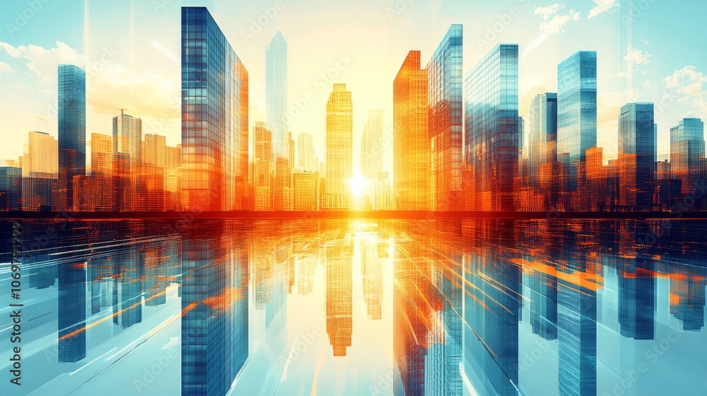 Modern Skyscrapers in Futuristic Financial District with Blue Background and Sunlight, Ideal for Corporate Business Templates Modern Skyscrapers in Futuristic Financial District with Blue Background and Sunlight, Ideal for Corporate Business Templates