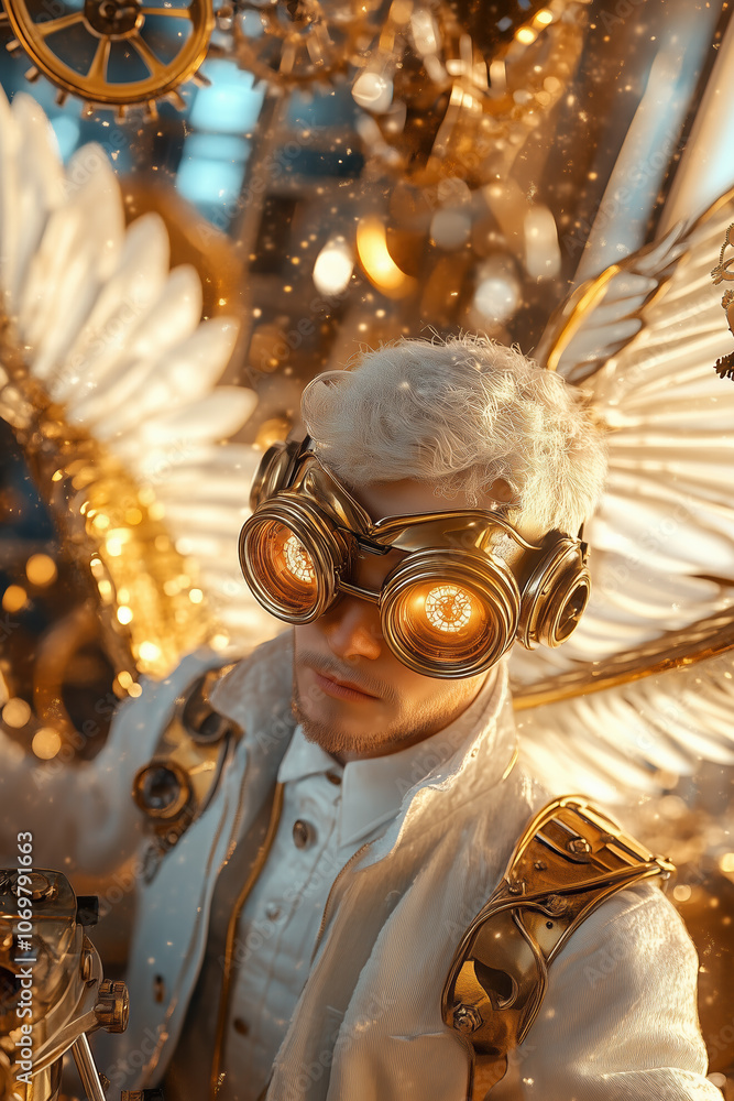 Fototapeta premium Steampunk Inventor with Goggles and Mechanical Wings in a Brass Gear-Filled Workshop, Warm Golden Tones, Retro Sci-Fi Fantasy