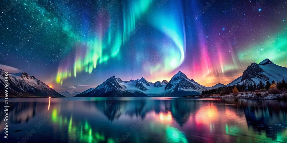 Stunning Gradient Starry Sky Over Majestic Mountains with Aurora Borealis in Bokeh Effect, Perfect for Nature Lovers and Landscape Photography Enthusiasts Stunning Gradient Starry Sky Over Majestic Mountains with Aurora Borealis in Bokeh Effect, Perfect for Nature Lovers and Landscape Photography Enthusiasts