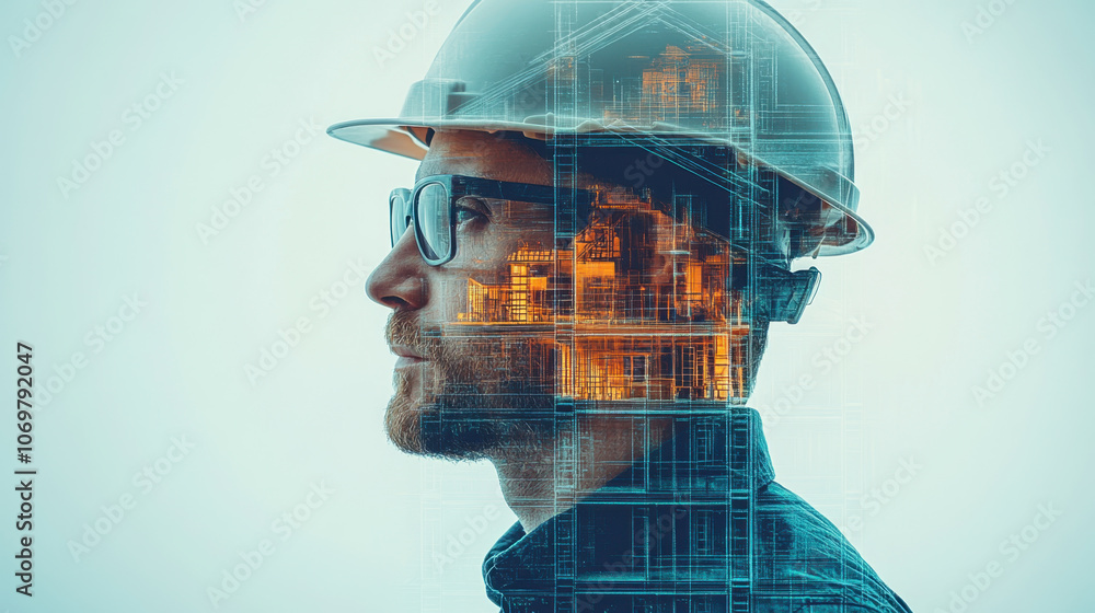 professional double exposure image of construction worker, showcasing blend of human and architectural elements. innovative design reflects creativity and modern engineering professional double exposure image of construction worker, showcasing blend of human and architectural elements. innovative design reflects creativity and modern engineering