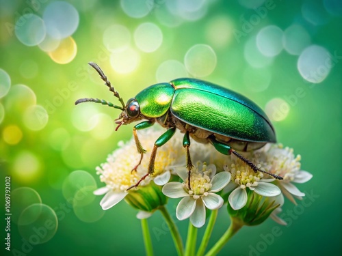 Stunning Green Beetle Cryptocephalus Sericeous on Flower Bud with Bokeh Effect Against a Gradient Green Background for a Cool Summer Wallpaper photo