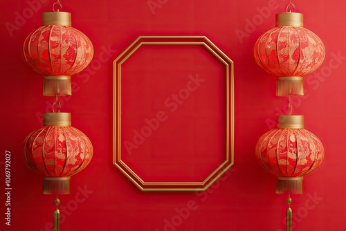 Happy Chinese new year 2024. Chinese new year banner for show product. Greeting card. China frame with lantern on red background. with generative ai