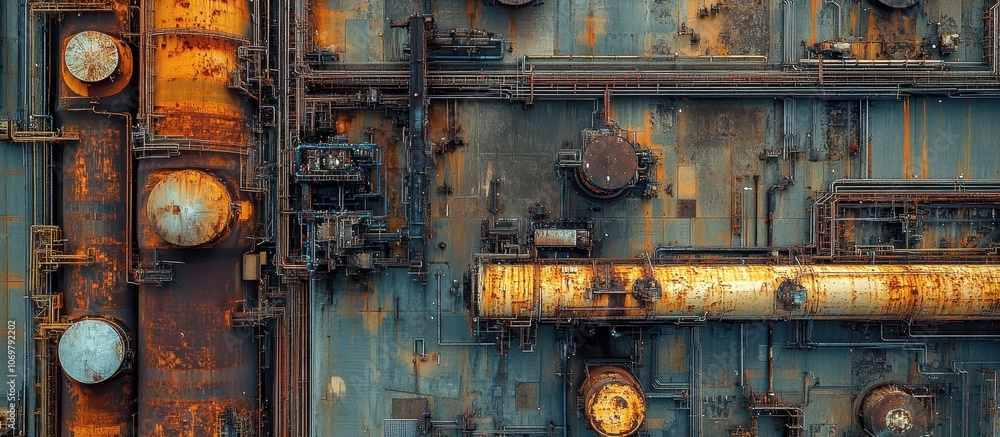 Aerial View of Industrial Facility with Rusted Pipes and Machinery Creating a Complex Network of Metal Structures and Textures Aerial View of Industrial Facility with Rusted Pipes and Machinery Creating a Complex Network of Metal Structures and Textures