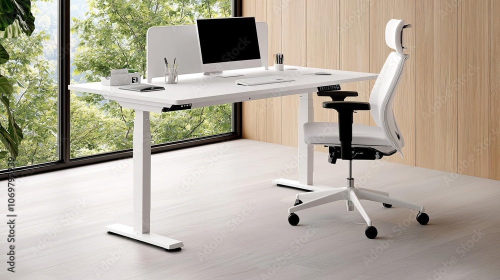 Ergonomic standing desk with organized workspace, healthy home office, adjustable chair, large window with greenery view, bright and professional setting, natural tones
