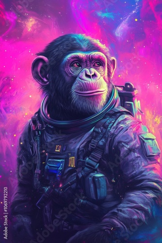 Astronaut chimpanzee gazes at vibrant cosmic scenery while exploring the depths of space. Generative AI