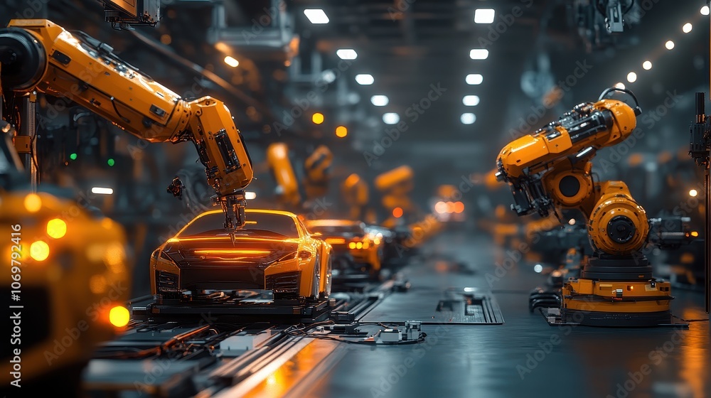 Futuristic Robotic Assembly Line in a Modern Automotive Factory with Advanced Technology and Precision Engineering Futuristic Robotic Assembly Line in a Modern Automotive Factory with Advanced Technology and Precision Engineering