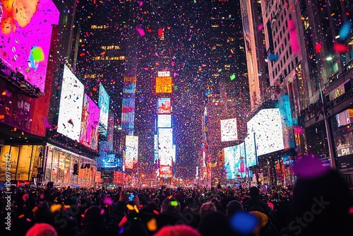 Vibrant crowd celebrating New Year in neon-lit city. photo