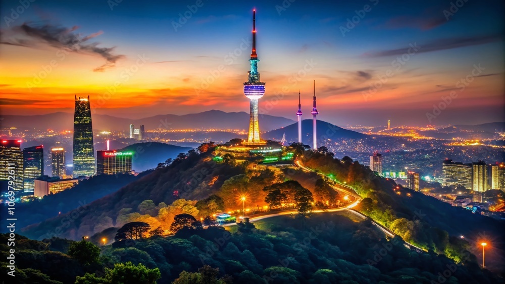 Fototapeta premium Stunning Low Light Photography of Namsan Seoul Tower Illuminated Against the Night Sky, Capturing the Beauty of South Korea's Iconic Landmark and Urban Landscape