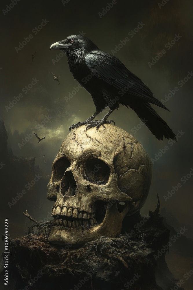 Fototapeta premium A raven perches on an ancient skull surrounded by dark shadows in a mystical, eerie atmosphere at dusk. Generative AI