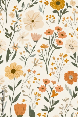 A muted pastel boho floral illustration featuring various flowers in an elegant design suitable for spring decor. Generative AI