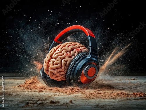 A pair of headphones around a brain, representing the importance of mental health in modern life photo