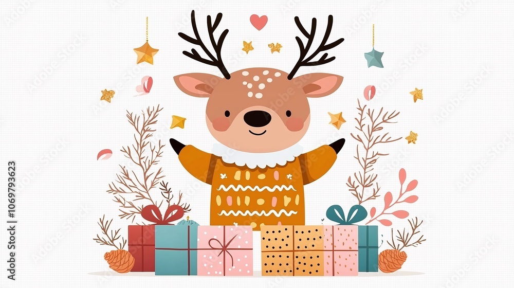 Fototapeta premium A cute cartoon deer in a cozy sweater surrounded by colorful gifts, stars, and plants, creating a festive holiday atmosphere.