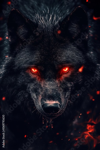 A black wolf with glowing red eyes stares fiercely into the darkness on a moonlit night in a mystical forest setting. Generative AI