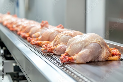 Automated poultry processing line with raw chicken meat moving on a conveyor belt in a modern factory, highlighting efficiency, food safety, and industrial production. photo