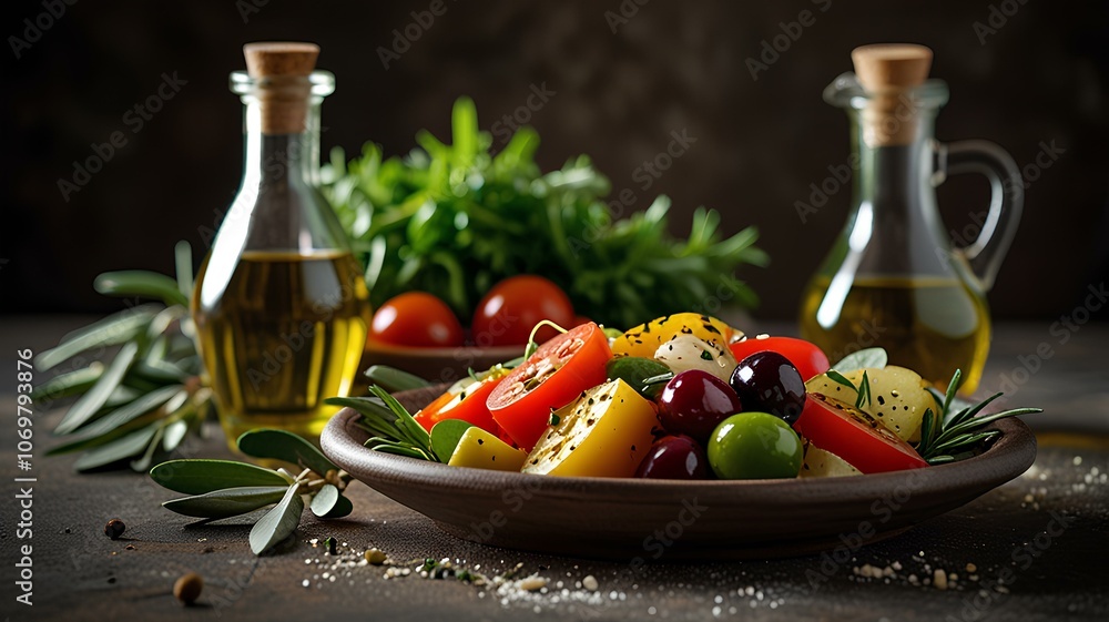 Signature ingredients of the Mediterranean diet, emphasizing olive oil and fresh vegetables. Mediterranean diet, olive oil, fresh vegetables, healthy, nutrition, cuisine Signature ingredients of the Mediterranean diet, emphasizing olive oil and fresh vegetables. Mediterranean diet, olive oil, fresh vegetables, healthy, nutrition, cuisine