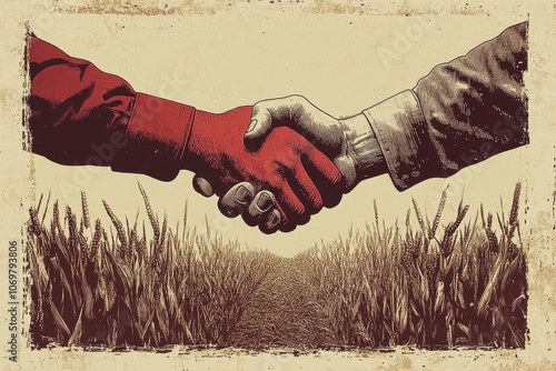 Classic poster design showing a handshake between a farmer and banker, symbolizing finance and agriculture working together for business growth, rural development, and economic partnership.