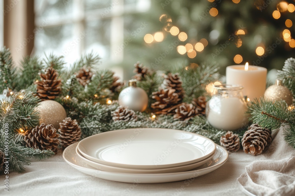 Holiday Table Setting with Plates and Pine Holiday Table Setting with Plates and Pine