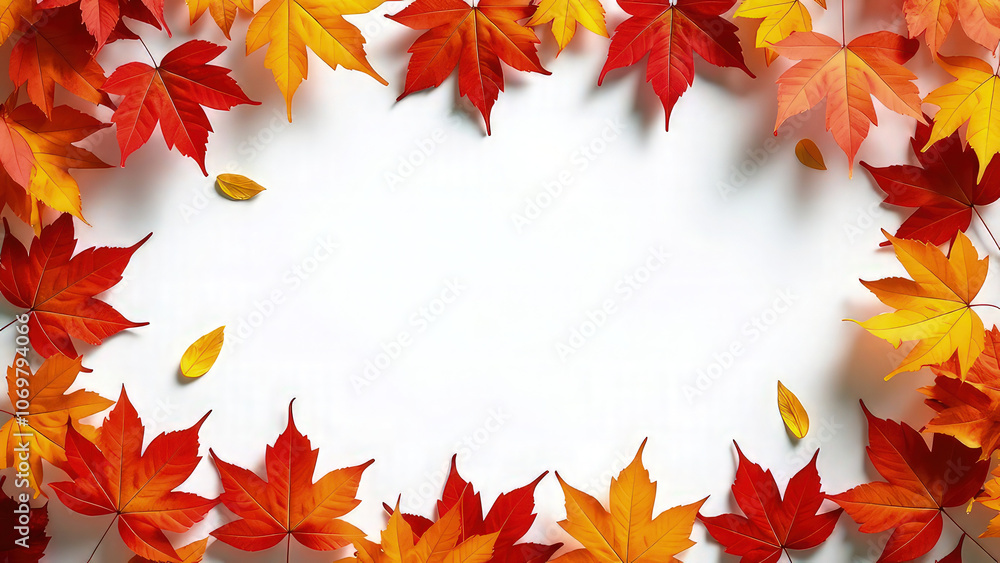 Aerial view of vibrant autumn maple leaves arranged around the edges of a clean white background, creating a natural frame for copy space Aerial view of vibrant autumn maple leaves arranged around the edges of a clean white background, creating a natural frame for copy space