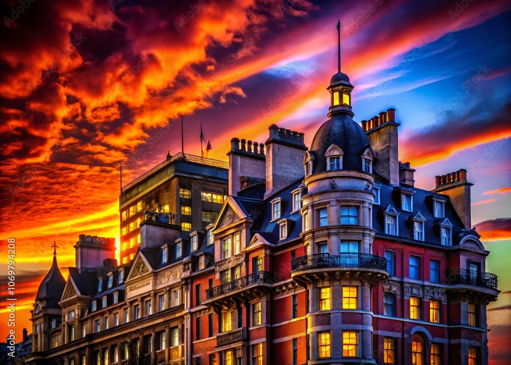 Naklejka premium Stunning Silhouette of a London Hotel Against a Colorful Sunset Sky, Capturing the Essence of Urban Elegance and Architectural Beauty in the Heart of the City