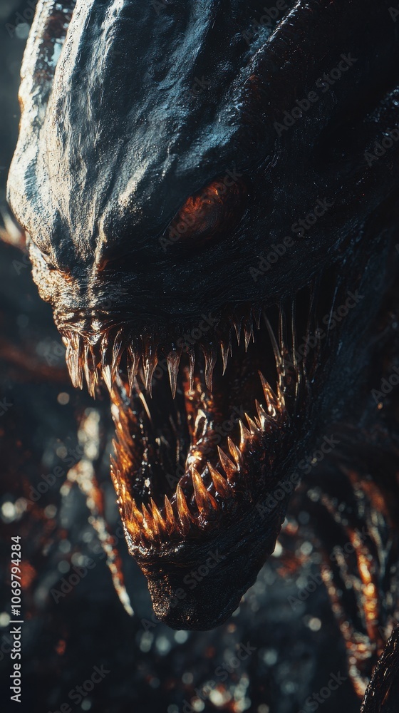 Menacing extraterrestrial xenomorph creature with razor sharp fangs emerging from darkness showcasing aggressive alien predator design for science fiction horror concept art Menacing extraterrestrial xenomorph creature with razor sharp fangs emerging from darkness showcasing aggressive alien predator design for science fiction horror concept art
