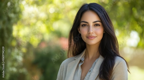 Middle Eastern woman outdoor portrait, standing confidently with a soft smile, casual business attire