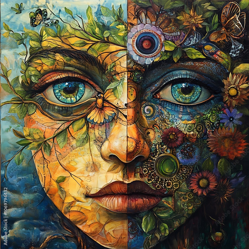 Abstract Art of a Woman's Face with Floral and Butterfly Details. Abstract Art of a Woman's Face with Floral and Butterfly Details.
