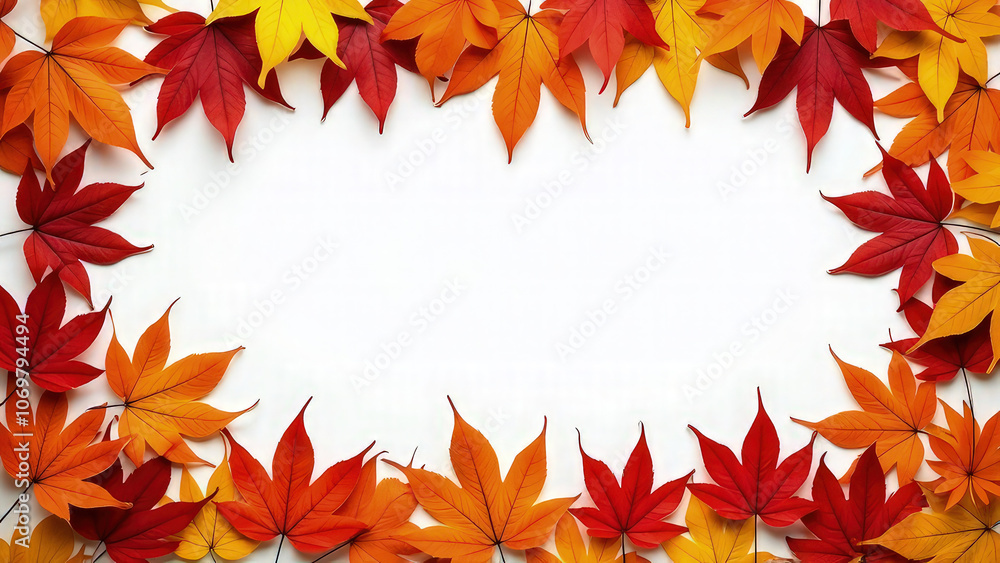 Aerial view of vibrant autumn maple leaves arranged around the edges of a clean white background, creating a natural frame for copy space Aerial view of vibrant autumn maple leaves arranged around the edges of a clean white background, creating a natural frame for copy space