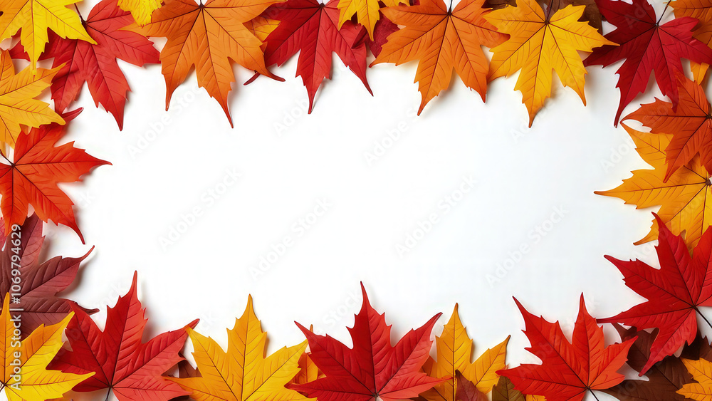 Aerial view of vibrant autumn maple leaves arranged around the edges of a clean white background, creating a natural frame for copy space Aerial view of vibrant autumn maple leaves arranged around the edges of a clean white background, creating a natural frame for copy space