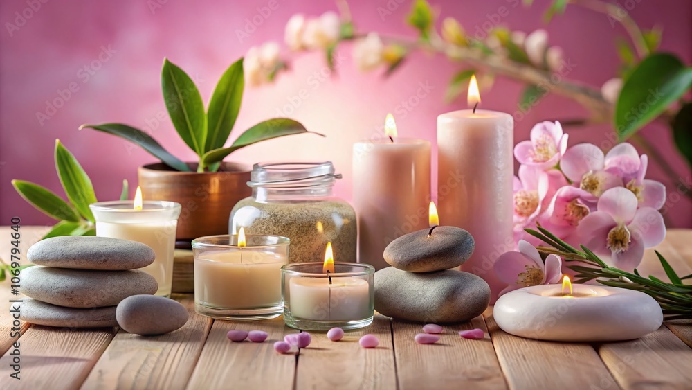 Stunning Spa Composition Featuring Natural Elements on a Soft Pink Background for Relaxation and Wellness Promotion Stunning Spa Composition Featuring Natural Elements on a Soft Pink Background for Relaxation and Wellness Promotion