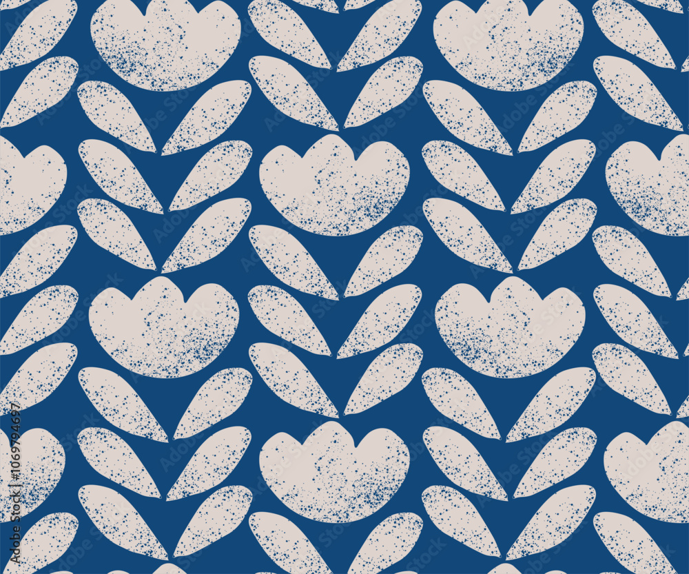 Fototapeta premium Simple minimal flowers with leaves in a grainy texture in cream color on a dark blue background. A seamless vector pattern. Great for home decor, fabric, wallpaper, gift wrap, stationery, packaging.