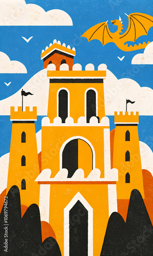 Wallpaper Mural Medieval Castle with Dragon in Retro Style Fantasy Art Torontodigital.ca