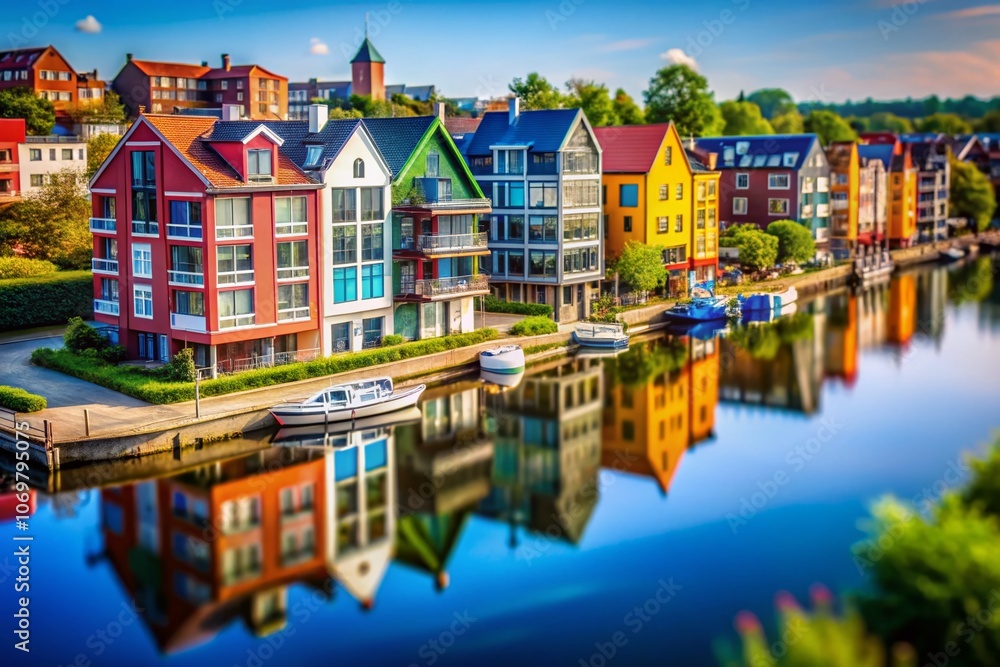 Fototapeta premium Stunning Tilt-Shift Photography of Modern Residential Houses Along the Water in Hamburg, Showcasing Unique Architecture and Scenic Views in a Vibrant Urban Landscape